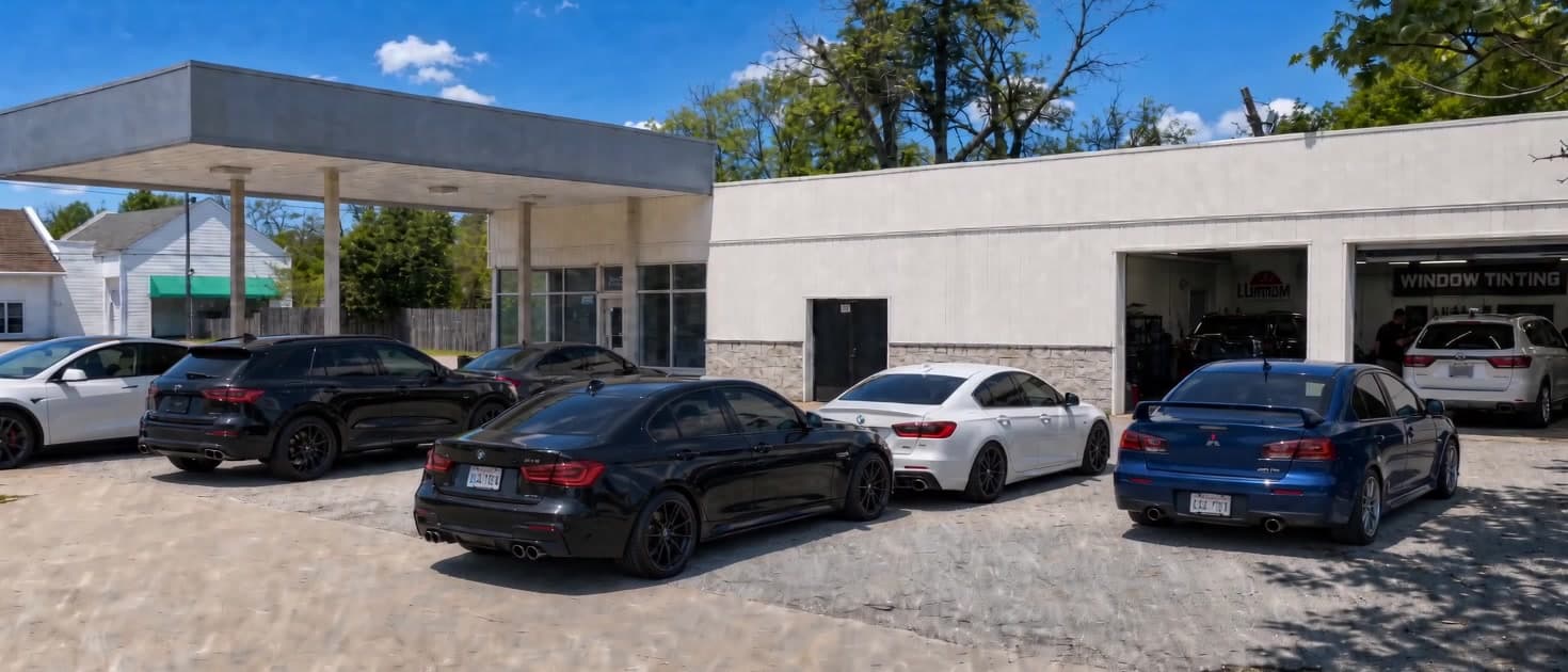 The Shade Customs shop on University Ave: customer cars in the lot and both bay doors open