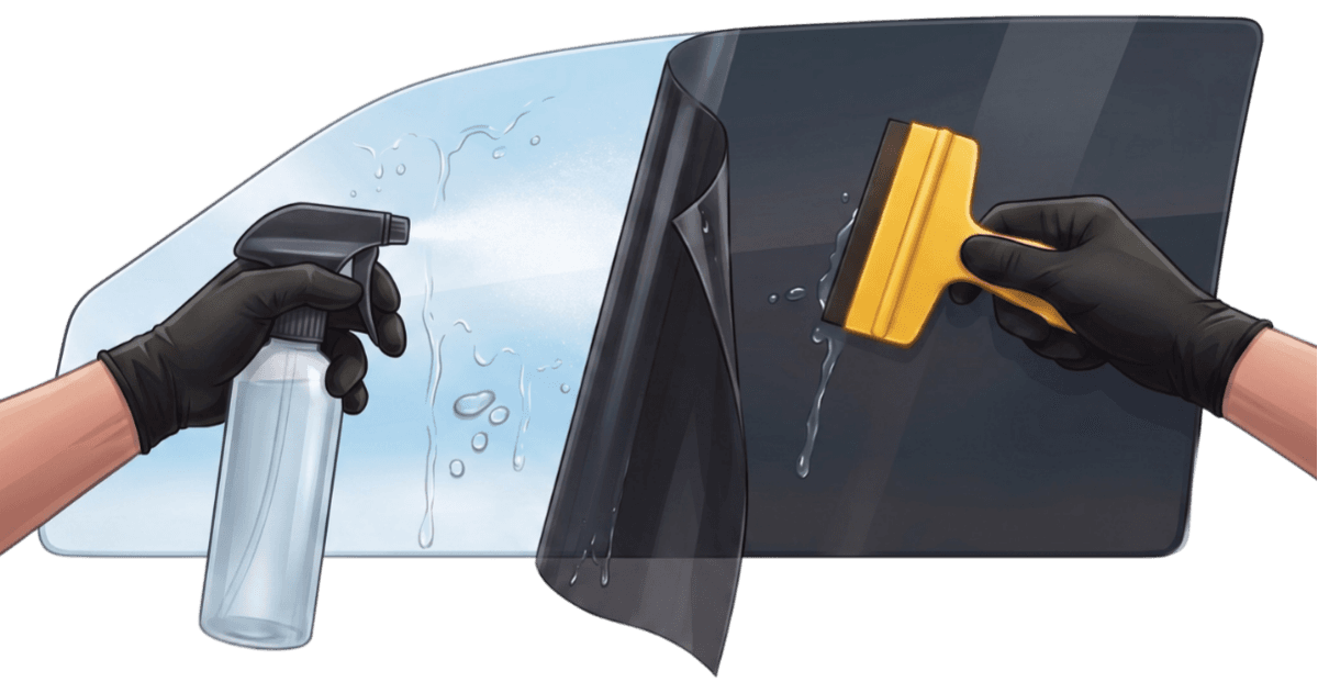 Ceramic tint film being sprayed with application fluid and squeegeed onto a car side window