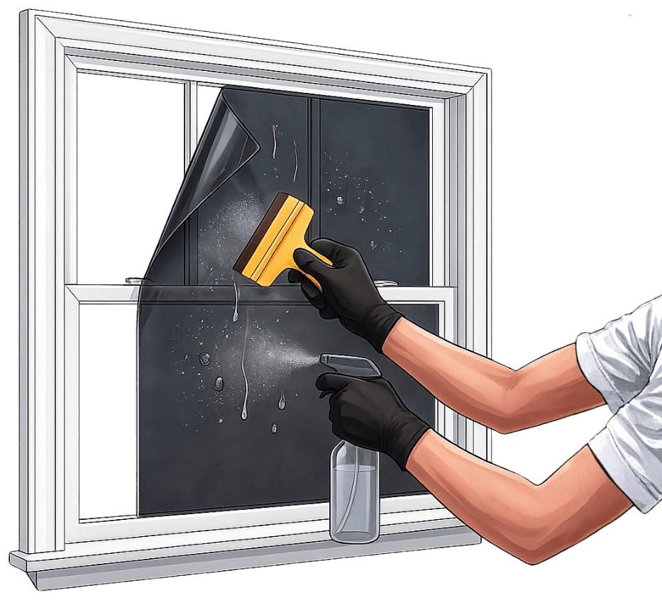 Window film being applied and squeegeed onto a home window pane