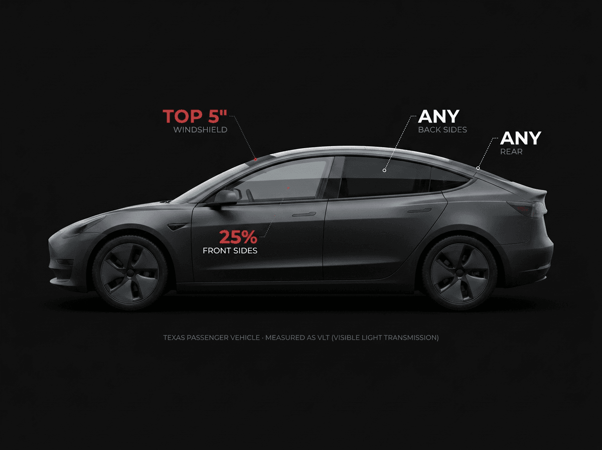 Diagram of a car's windows with the Texas VLT limit marked on each